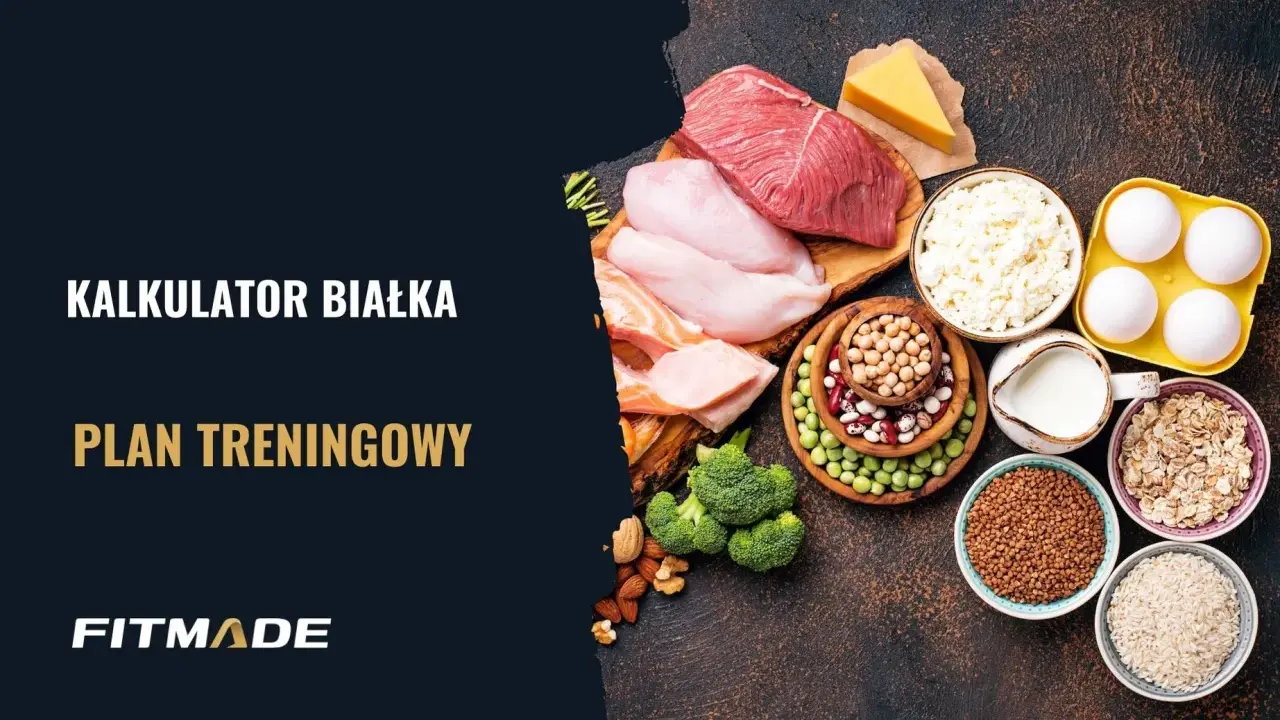Kalkulator białka i plan treningowy. Różnorodne źródła białka: mięso, ryby, jajka, nabiał, rośliny strączkowe, płatki owsiane, ryż, kasza.