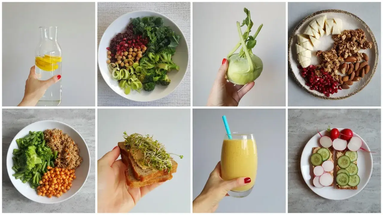 Zdrowe posiłki i napoje wspierające dietę na płaski brzuch: woda z cytryną, sałatka, smoothie, kanapki.