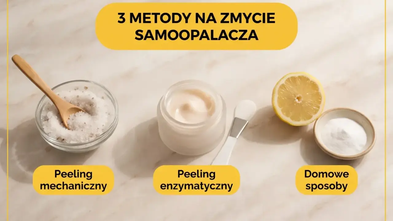 3 metody na zmycie samoopalacza: peeling mechaniczny (sól), enzymatyczny (krem) i domowe sposoby (cytryna, soda).
