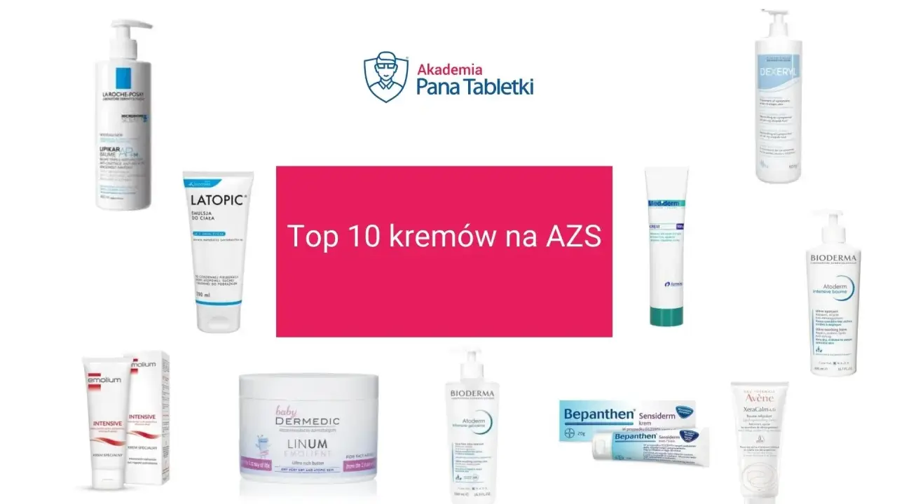 Krem do skóry atopowej: kolekcja produktów, w tym La Roche-Posay, Latopic, Bioderma, Emolium, Dexeryl, Bepanthen i Avène.