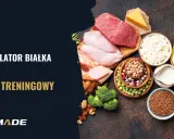 Kalkulator białka i plan treningowy. Różnorodne źródła białka: mięso, ryby, jajka, nabiał, rośliny strączkowe, płatki owsiane, ryż, kasza.