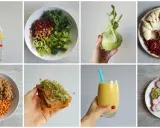 Zdrowe posiłki i napoje wspierające dietę na płaski brzuch: woda z cytryną, sałatka, smoothie, kanapki.