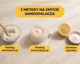 3 metody na zmycie samoopalacza: peeling mechaniczny (sól), enzymatyczny (krem) i domowe sposoby (cytryna, soda).