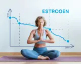 Kobieta w pozycji medytacyjnej na macie, na tle wykresu pokazującego spadek poziomu estrogenu wraz z wiekiem. Niski estradiol objawy mogą być łagodzone przez spokój.