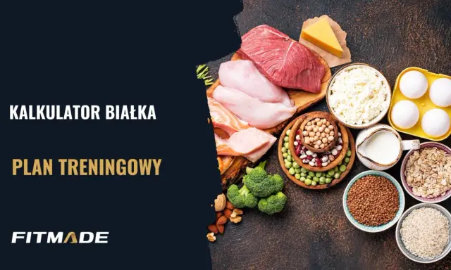 Kalkulator białka i plan treningowy. Różnorodne źródła białka: mięso, ryby, jajka, nabiał, rośliny strączkowe, płatki owsiane, ryż, kasza.