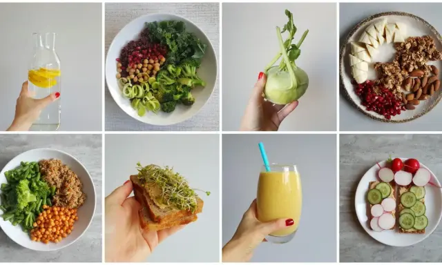Zdrowe posiłki i napoje wspierające dietę na płaski brzuch: woda z cytryną, sałatka, smoothie, kanapki.