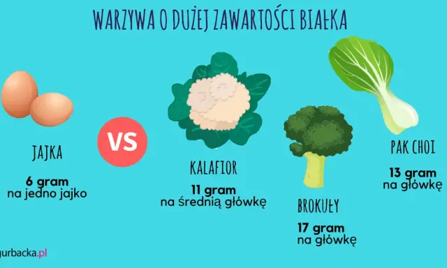 Gdzie jest najwięcej białka? Brokuły (17g/główkę), pak choi (13g/główkę), kalafior (11g/średnią główkę) i jajka (6g/jajko).