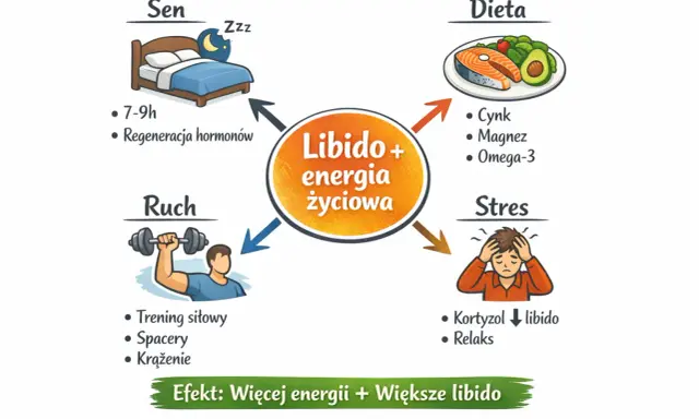 Wykres pokazuje, jak sen, dieta, ruch i stres wpływają na libido u mężczyzn. Dobre nawyki zwiększają energię i libido.