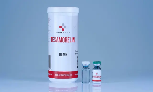 Pojemnik i fiolki z lekiem Tesamorelin 10 mg od Semax Polska.