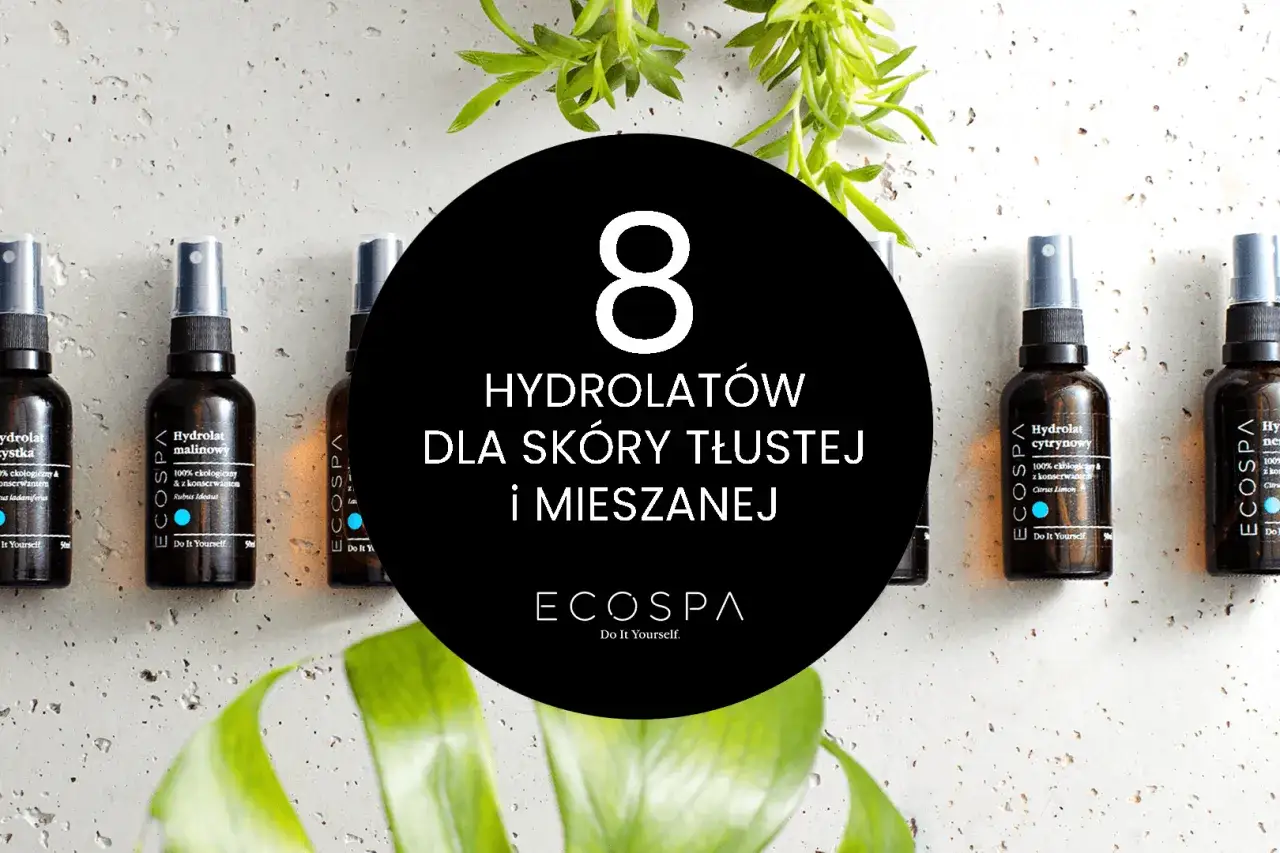Osiem buteleczek hydrolatu marki Ecospa, idealnych do pielęgnacji skóry tłustej i mieszanej.