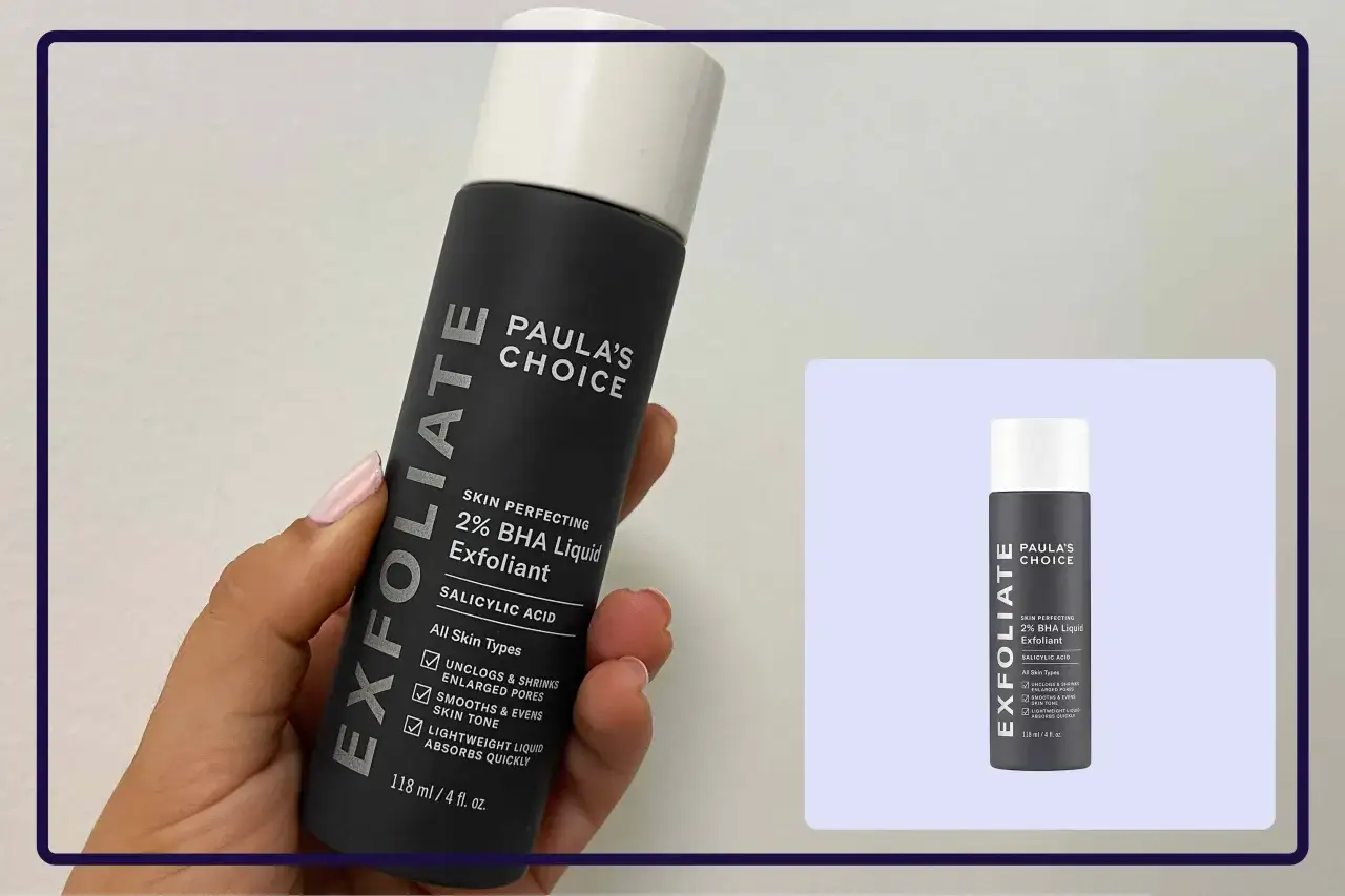 Dłoń trzyma butelkę Paula's Choice z kwasem salicylowym. Produkt ten, dzięki kwasowi salicylowemu, działa na rzecz oczyszczenia porów i wygładzenia skóry.