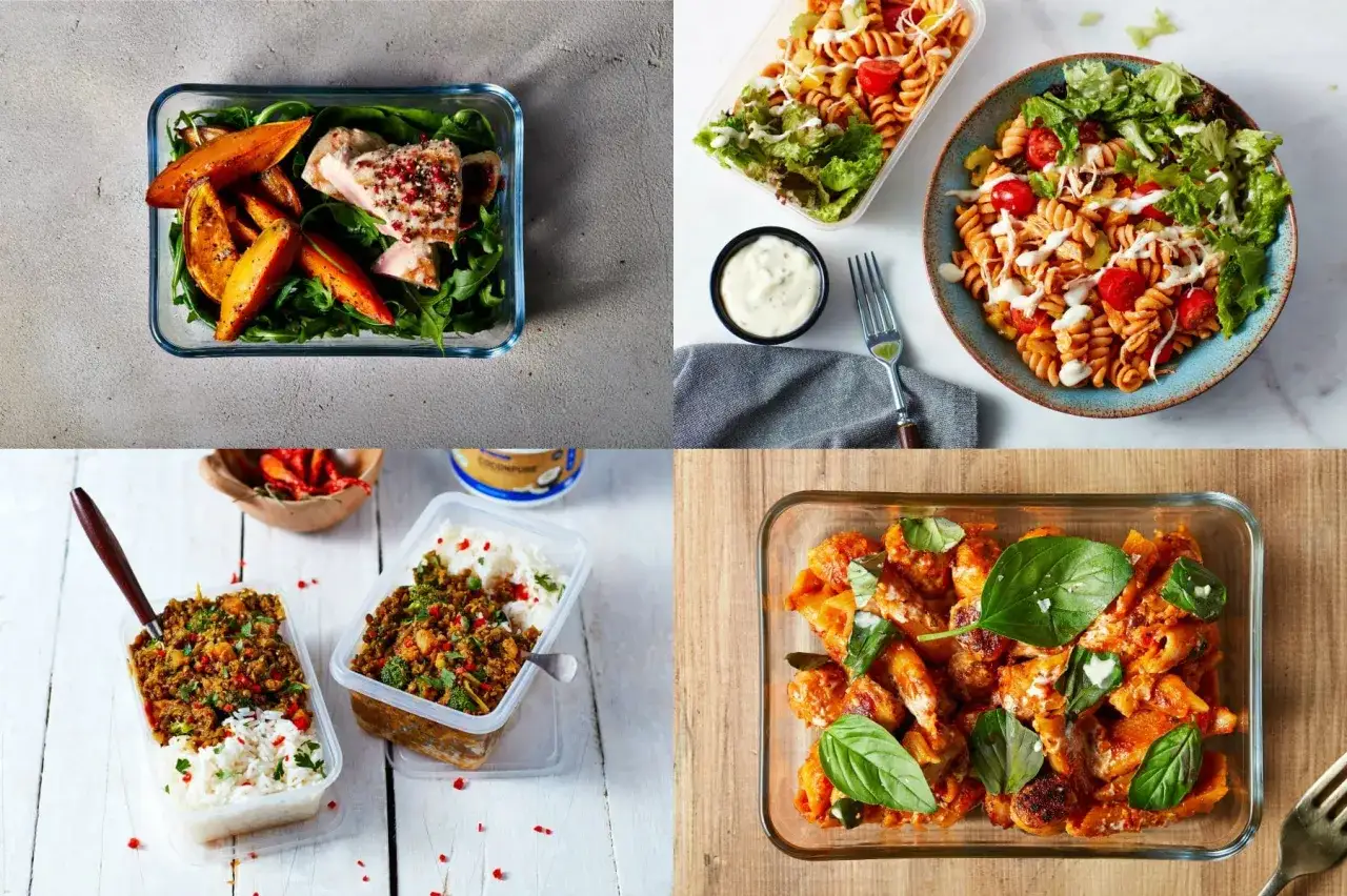 Pyszne posiłki do pudełek, idealne na dietę na masę mięśniową: ryba z batatami, makaron z kurczakiem, curry z ryżem i danie z kurczakiem w sosie.