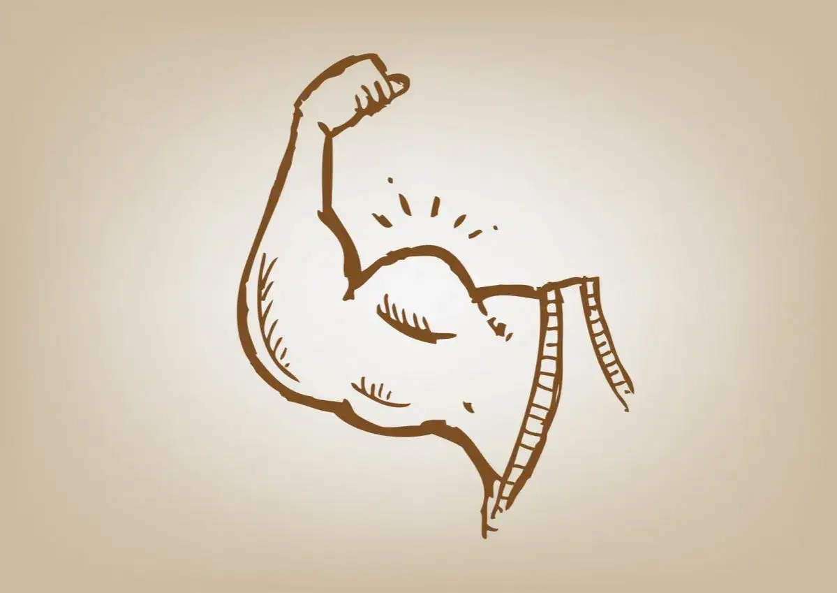 Dłoń zaciska się w pięść, ukazując potężny biceps. Mięsień napina się, a wokół niego widać błyskawice, symbolizujące energię. To siła napędzana przez glikogen.